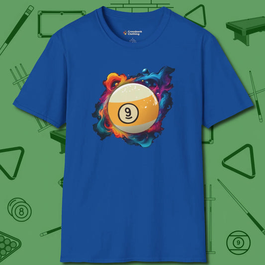Nine Ball Cosmic Swirl T-Shirt, front view, in Royal play in style, win in silence