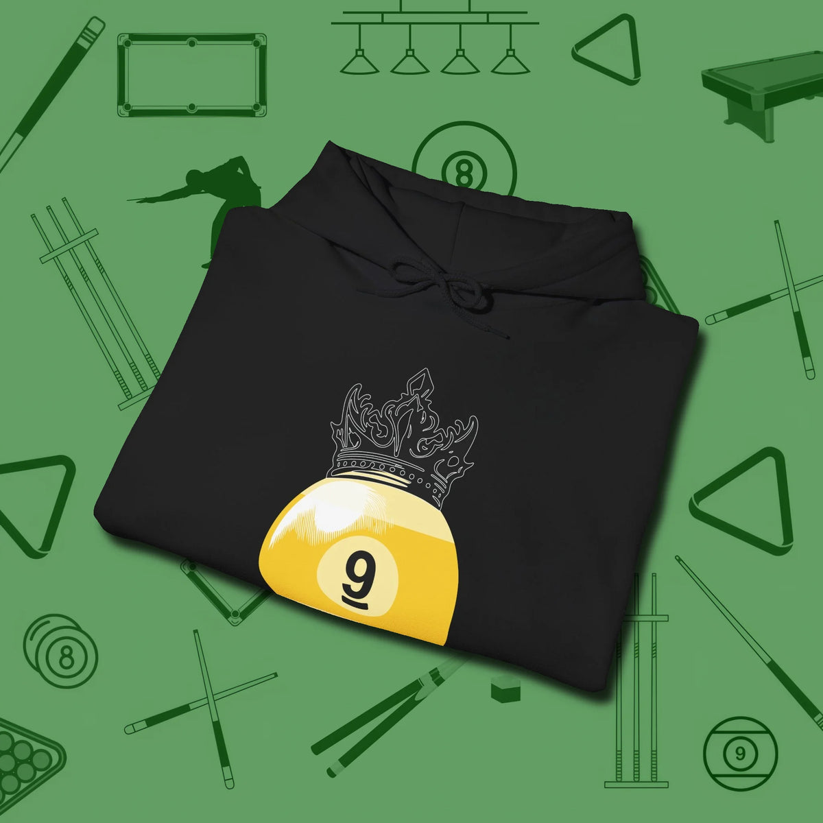 Nine Ball Crown Hoodie, folded view, in Black where cue control meets personal style