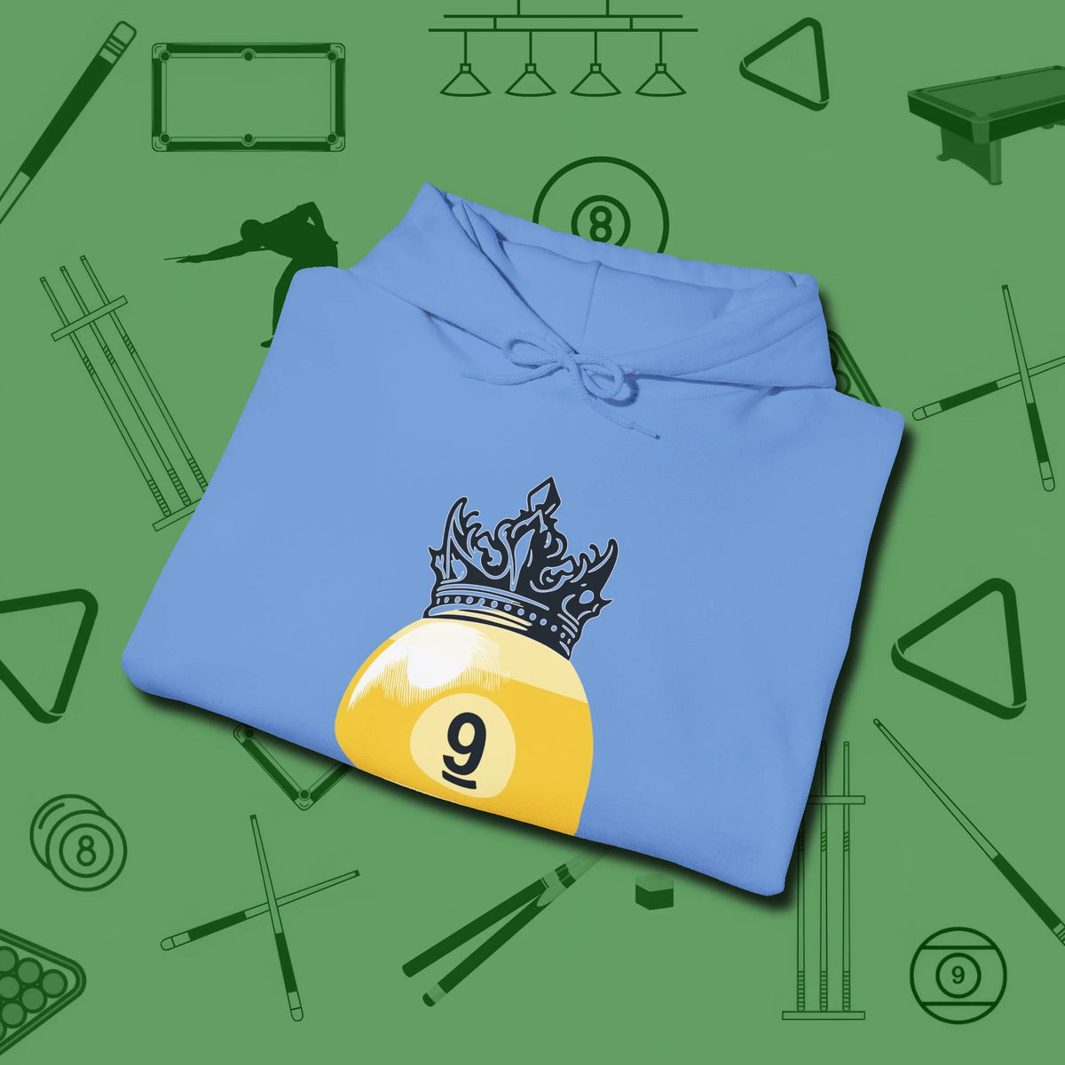 Nine Ball Crown Hoodie, folded view, in Carolina Blue smart enough for the felt and the street