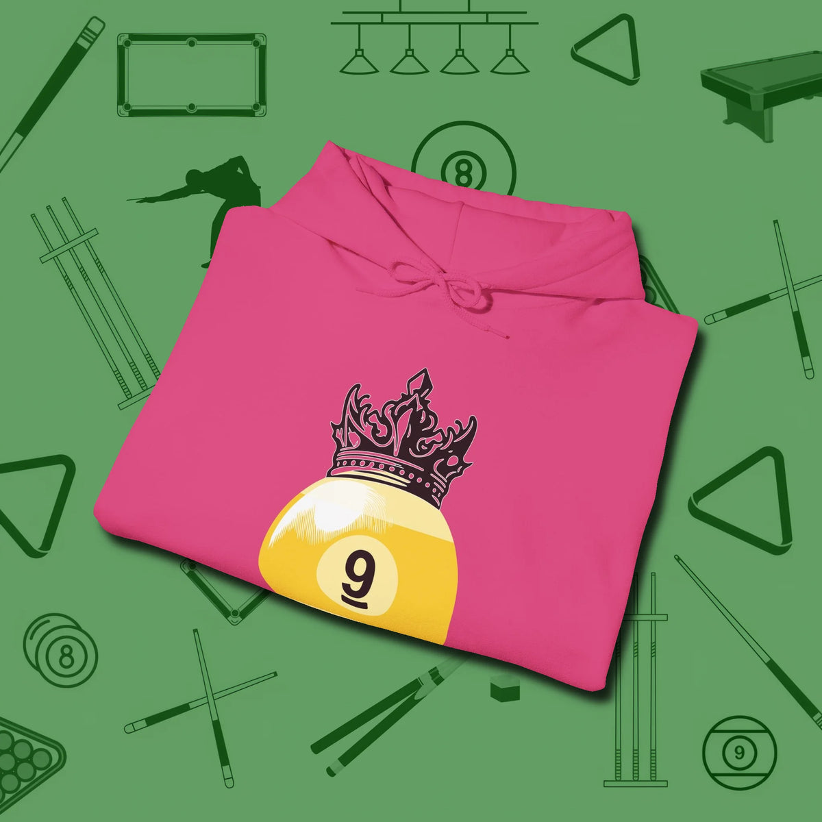 Nine Ball Crown Hoodie, folded view, in Heliconia precise, confident, always in control