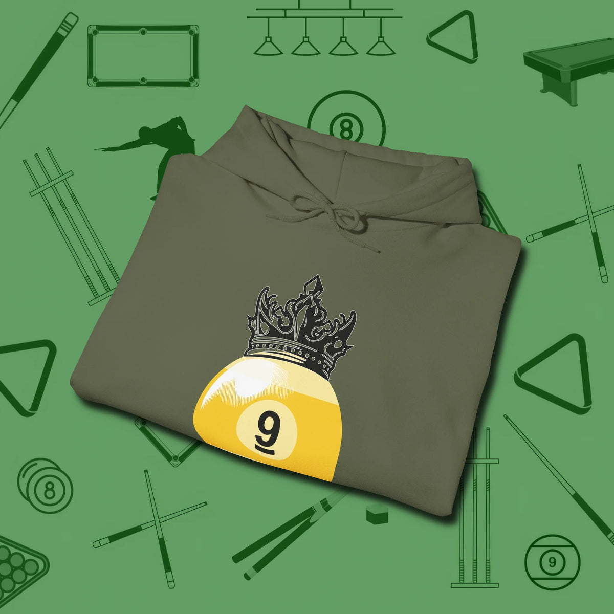 Nine Ball Crown Hoodie, folded view, in Military Green put your best game on display