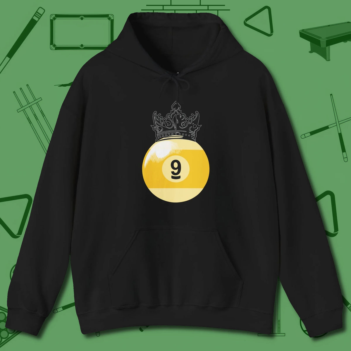 Nine Ball Crown Hoodie, front view, in Black style that banks as hard as you do