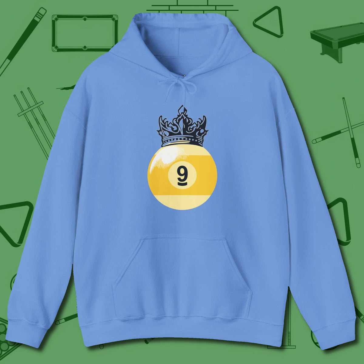 Nine Ball Crown Hoodie, front view, in Carolina Blue an extension of your pool persona
