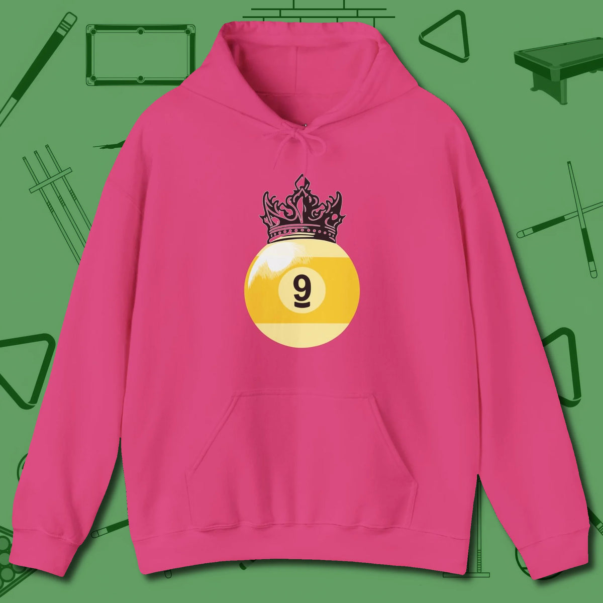 Nine Ball Crown Hoodie, front view, in Heliconia clean lines for dirty minds