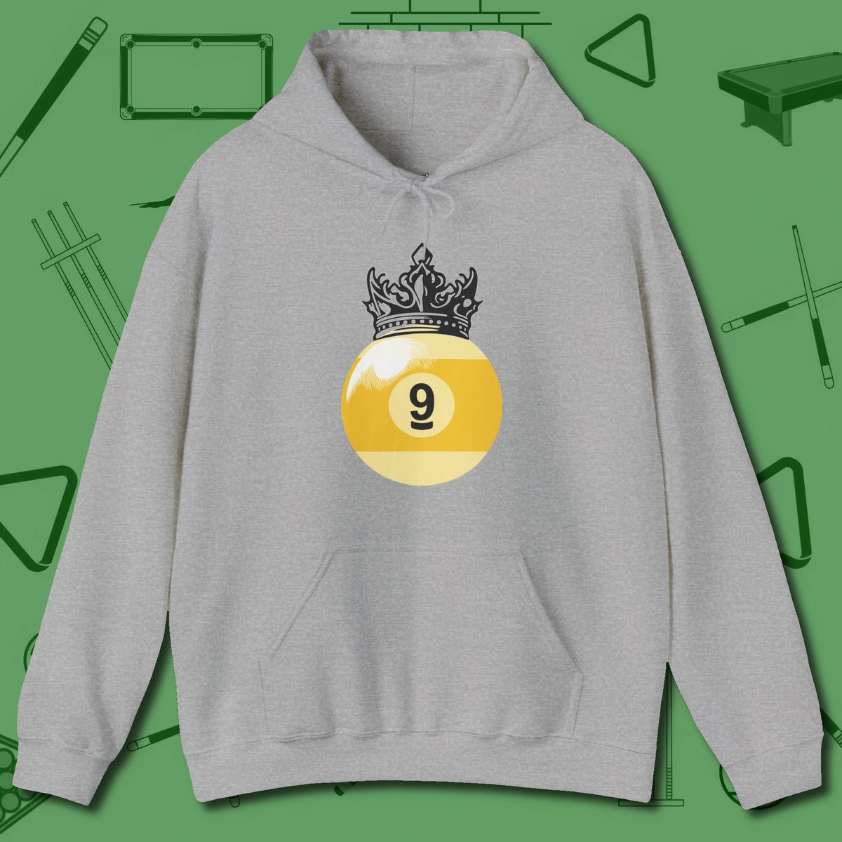 Nine Ball Crown Hoodie, front view, in Sport Grey put your best game on display