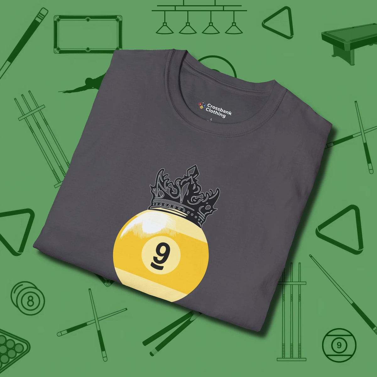 Nine Ball Crown T-Shirt, folded view, in Charcoal perfect for players with quiet fire