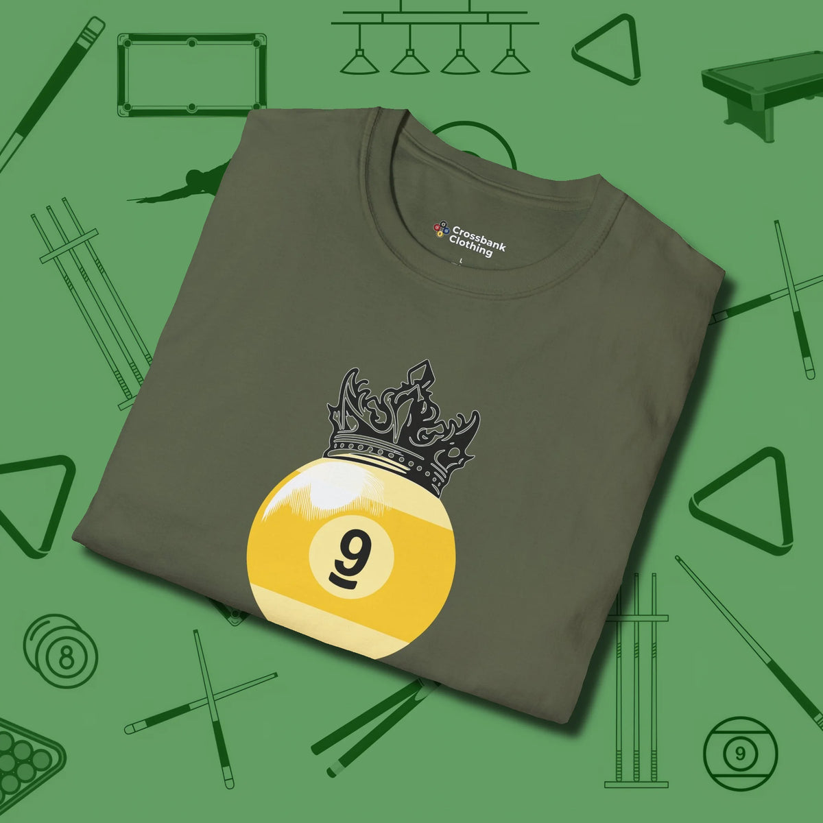 Nine Ball Crown T-Shirt, folded view, in Military Green a clean fit for the dirtiest safeties