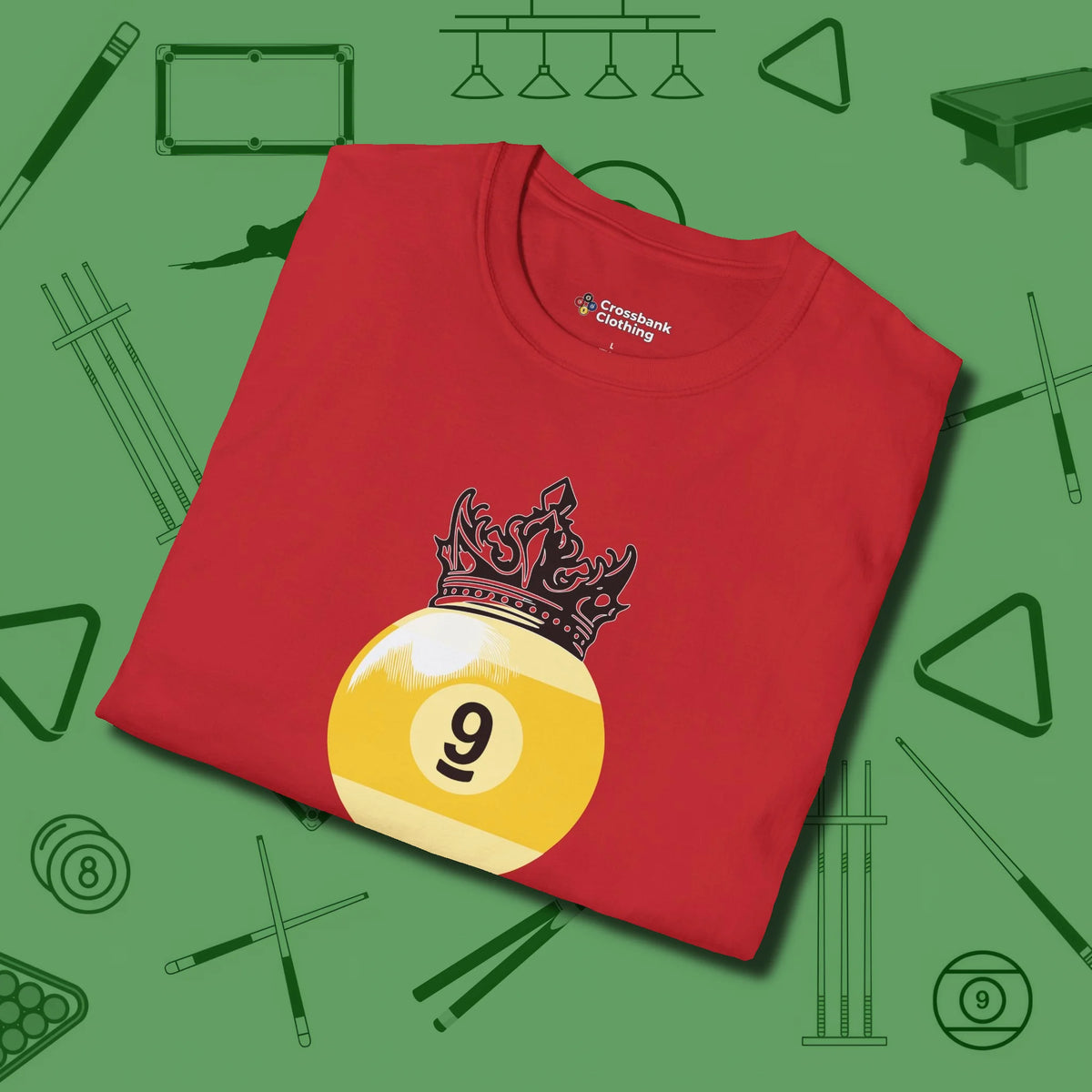 Nine Ball Crown T-Shirt, folded view, in Red like your stroke — smooth and deliberate