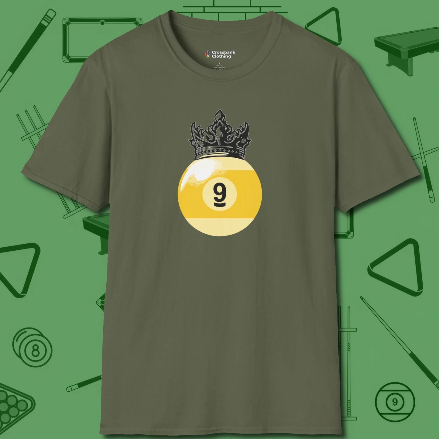 Nine Ball Crown T-Shirt, front view, in Military Green for hustlers who keep it honest