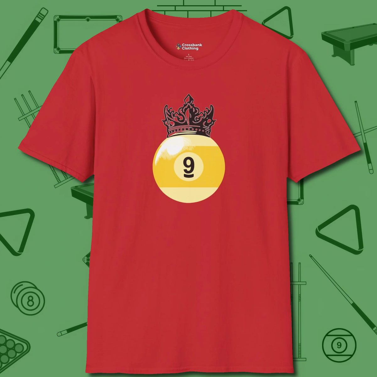 Nine Ball Crown T-Shirt, front view, in Red smart apparel for strategic players