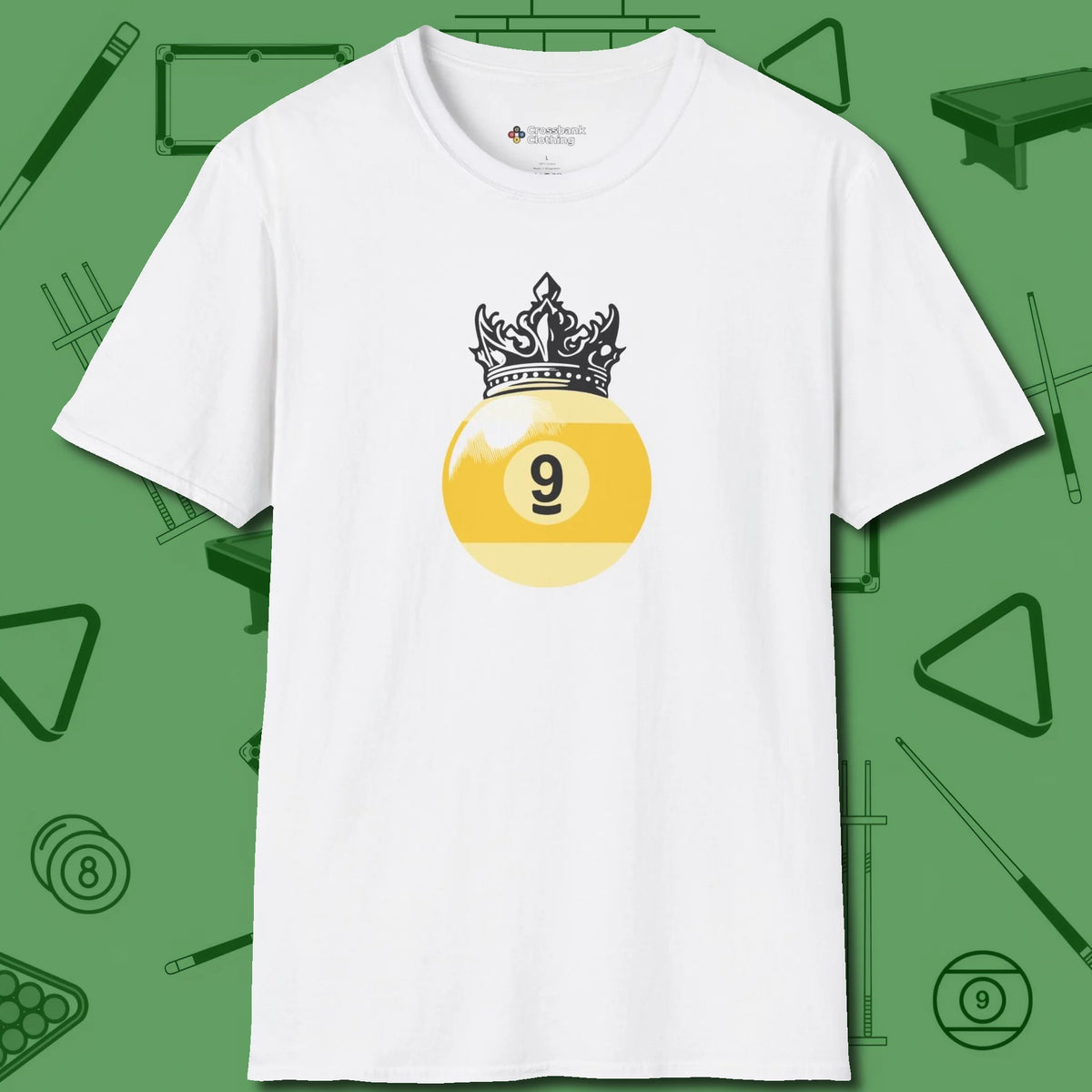 Nine Ball Crown T-Shirt, front view, in White because you don’t just play — you represent