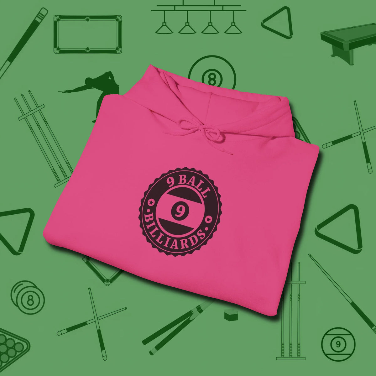 Nine Ball Emblem Hoodie, folded view, in Heliconia ideal for clean hits and clean fits