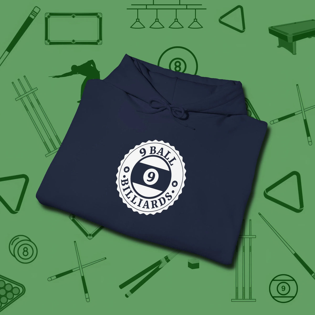 Nine Ball Emblem Hoodie, folded view, in Navy attitude built for the long haul