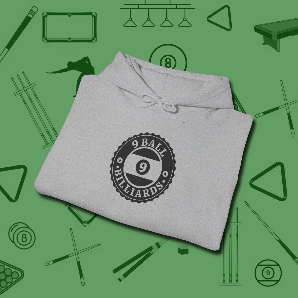 Nine Ball Emblem Hoodie, folded view, in Sport Grey because pool isn’t just a game — it’s who you are