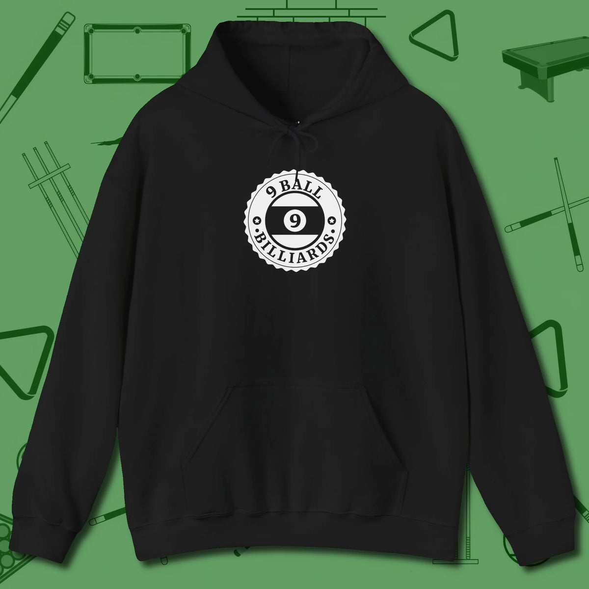 Nine Ball Emblem Hoodie, front view, in Black dress for the shot you want to take