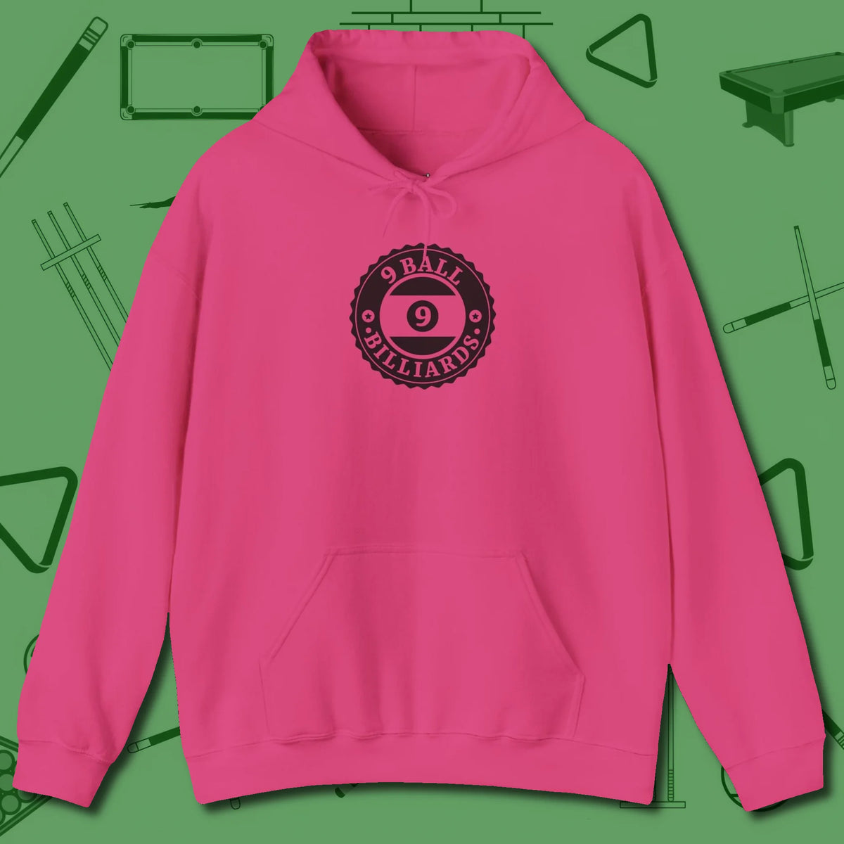 Nine Ball Emblem Hoodie, front view, in Heliconia designed for dead stroke and deadpan looks