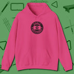 Nine Ball Emblem Hoodie, front view, in Heliconia designed for dead stroke and deadpan looks