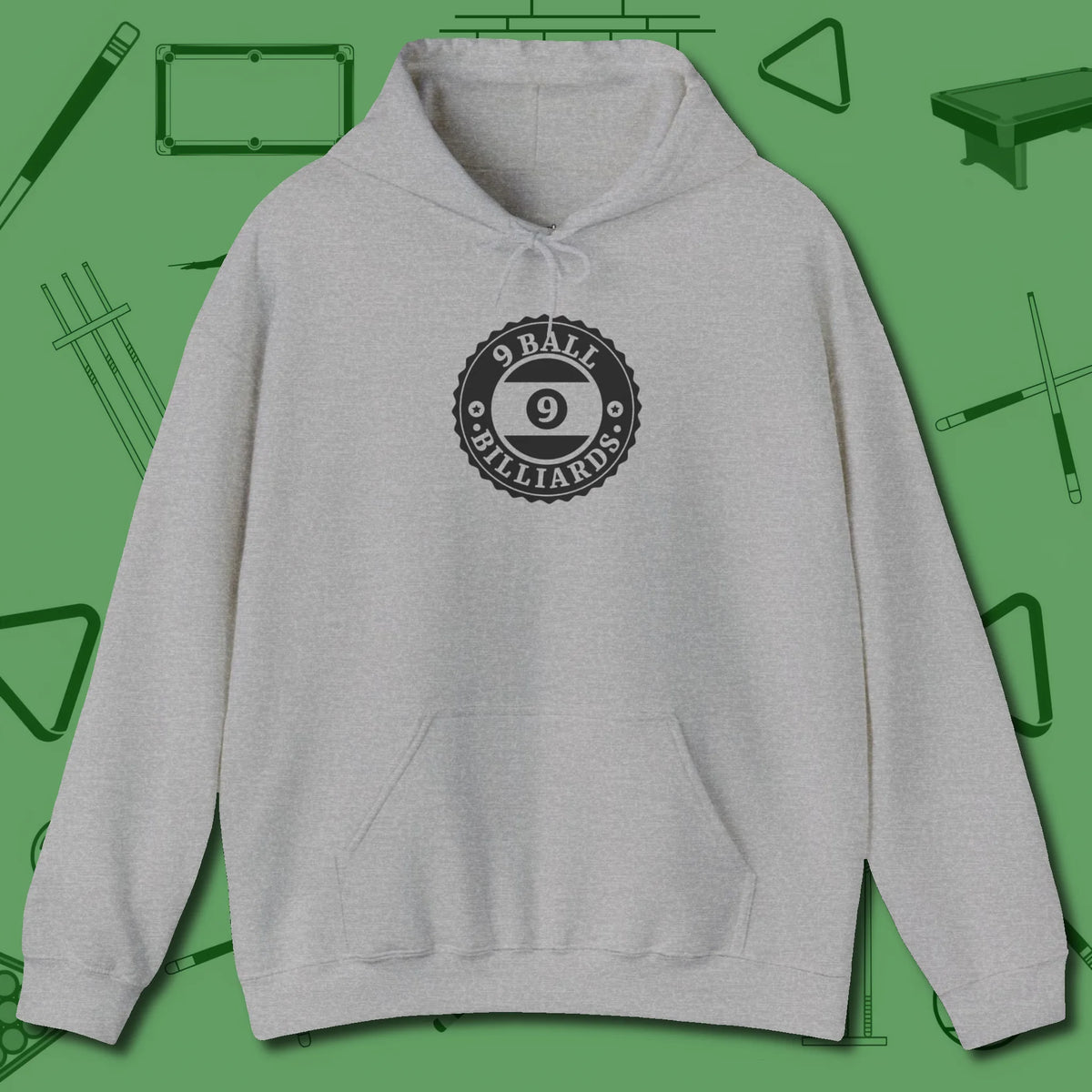 Nine Ball Emblem Hoodie, front view, in Sport Grey made for pool sharks, not posers
