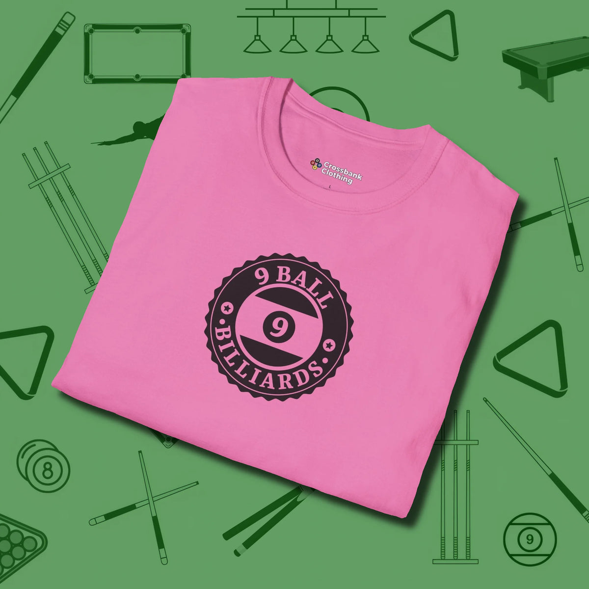 Nine Ball Emblem T-Shirt, folded view, in Azalea your go-to shirt for league night victories