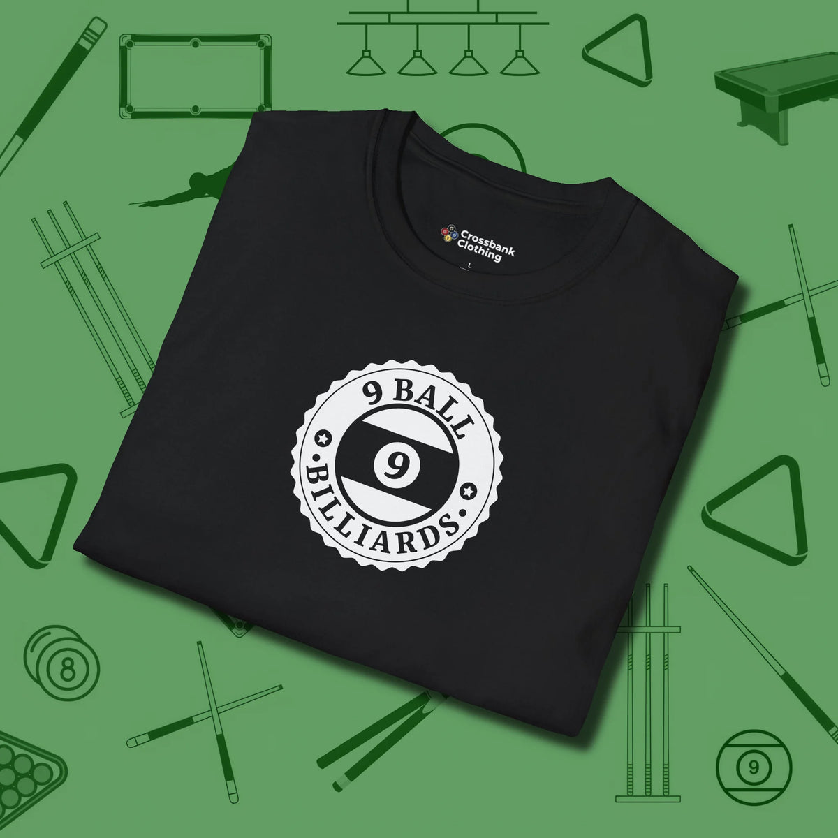 Nine Ball Emblem T-Shirt, folded view, in Black ideal for clean hits and clean fits
