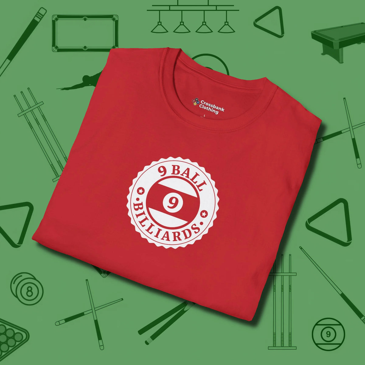 Nine Ball Emblem T-Shirt, folded view, in Red because you don’t just play — you represent
