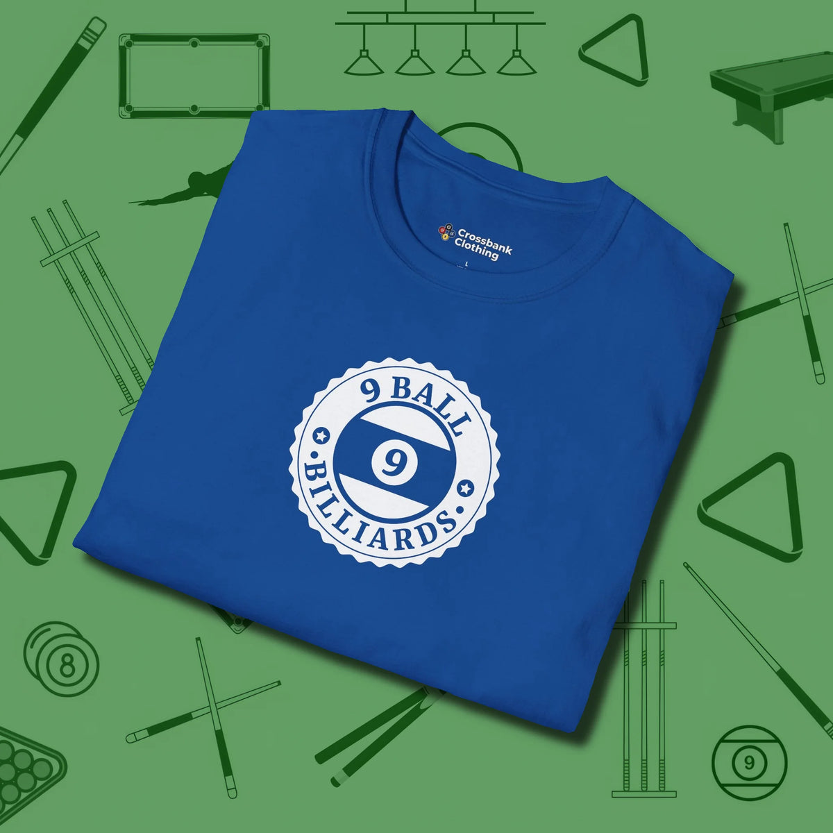 Nine Ball Emblem T-Shirt, folded view, in Royal the official uniform of the after-hours crew