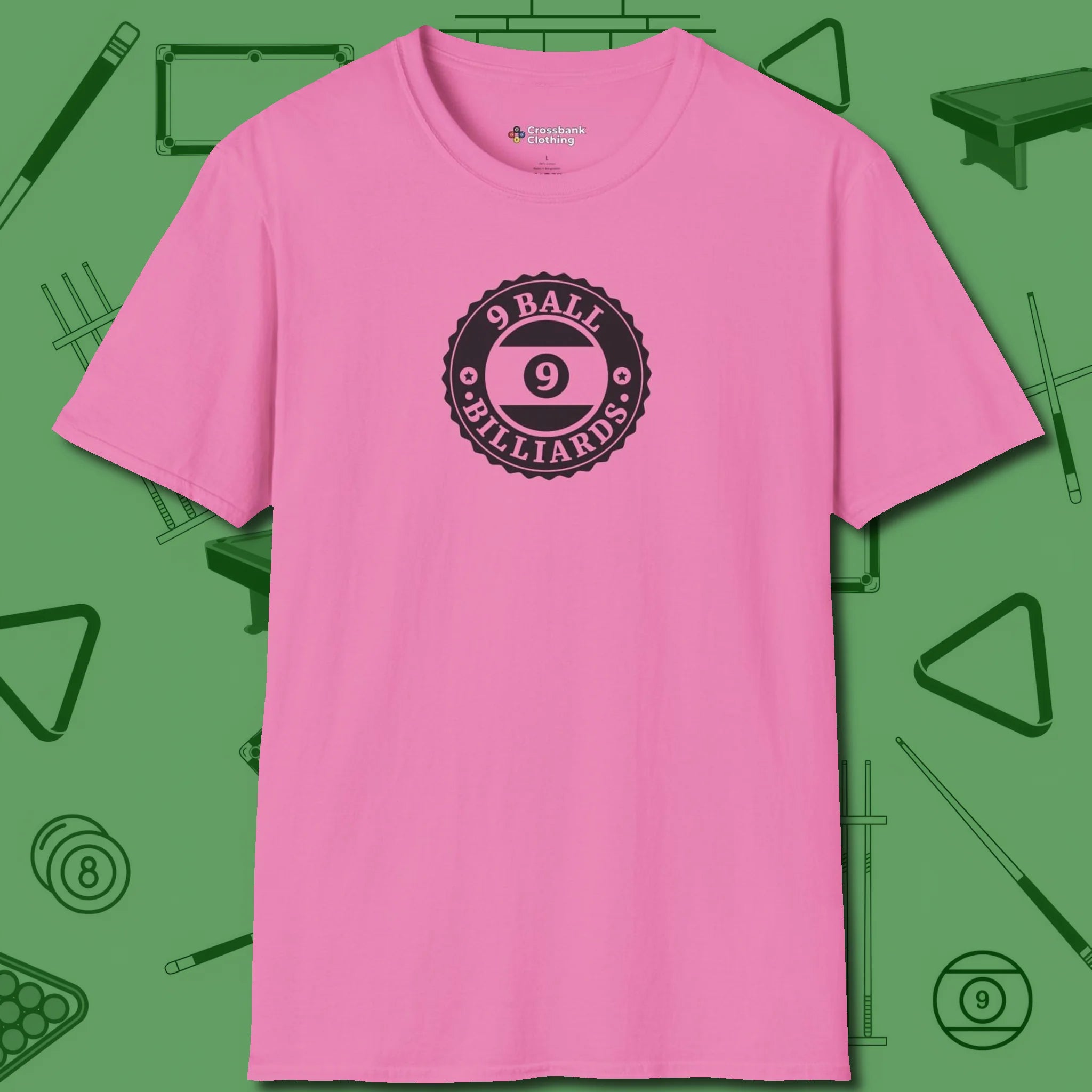 Nine Ball Emblem T-Shirt, front view, in Azalea precise, confident, always in control