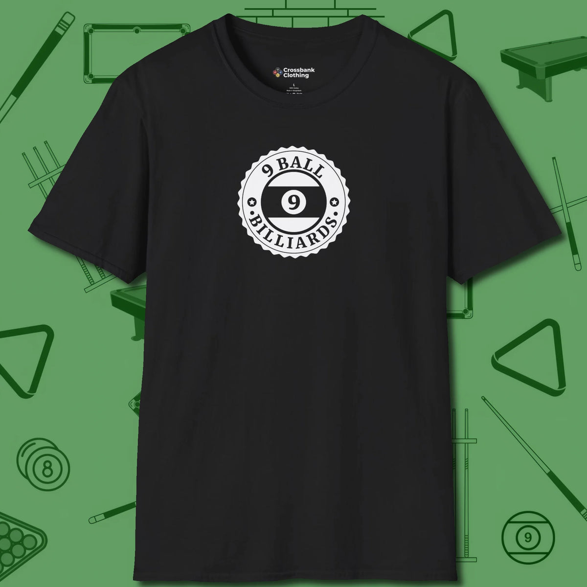 Nine Ball Emblem T-Shirt, front view, in Black style that banks as hard as you do