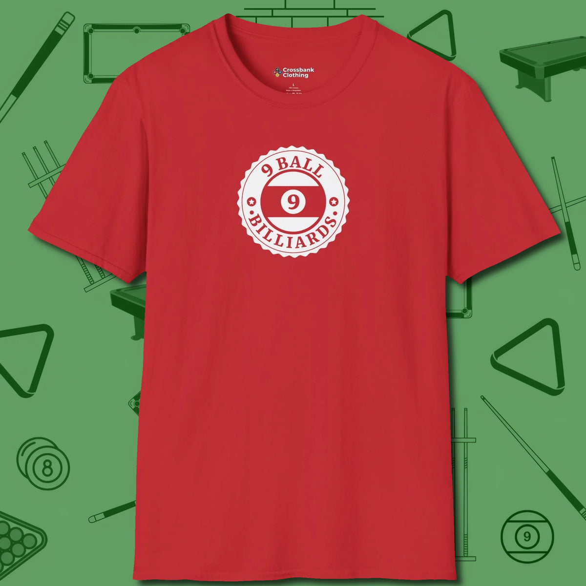 Nine Ball Emblem T-Shirt, front view, in Red cool under pressure, hot on the eyes