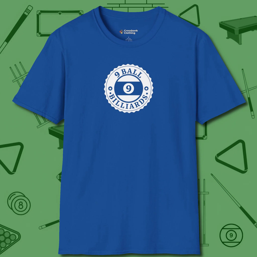 Nine Ball Emblem T-Shirt, front view, in Royal for players who live the game