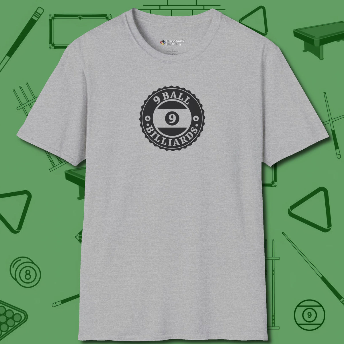 Nine Ball Emblem T-Shirt, front view, in Sport Grey where style and cue discipline collide