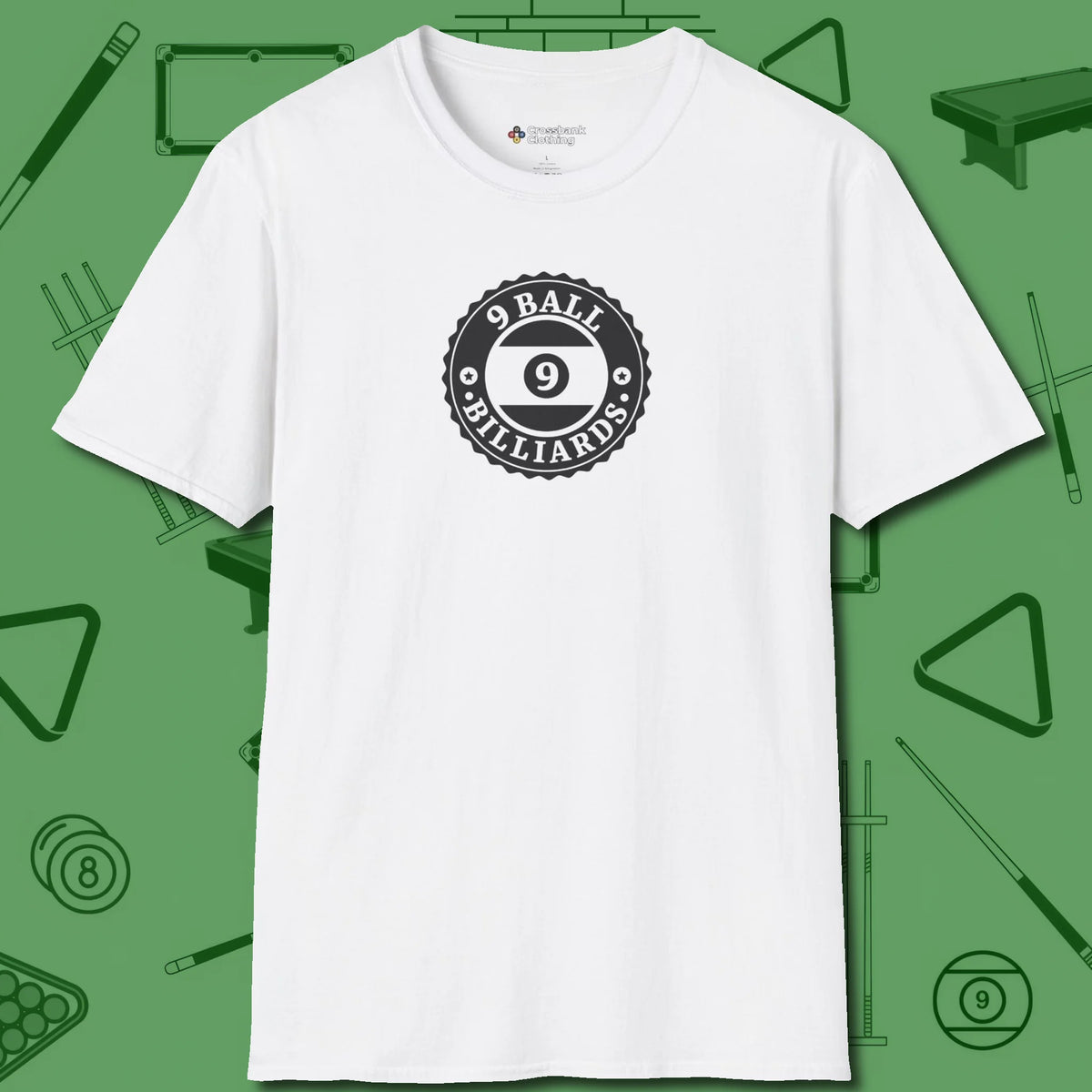 Nine Ball Emblem T-Shirt, front view, in White from chalk to clutch, look the part