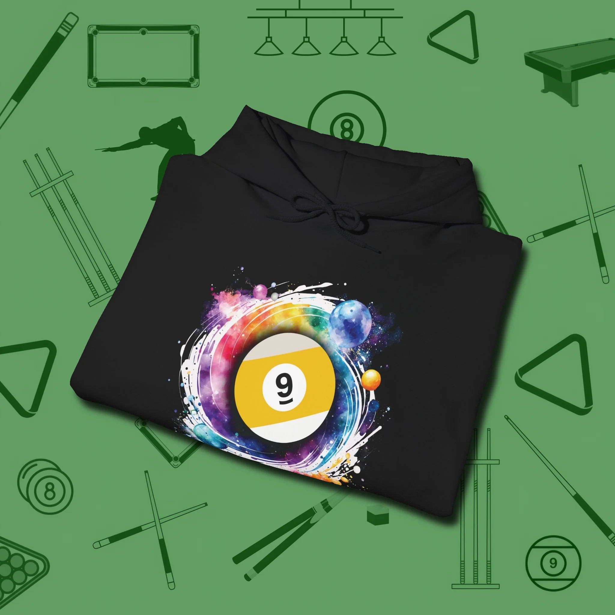 Nine Ball Galaxy Hoodie, folded view, in Black look good while calling your pocket
