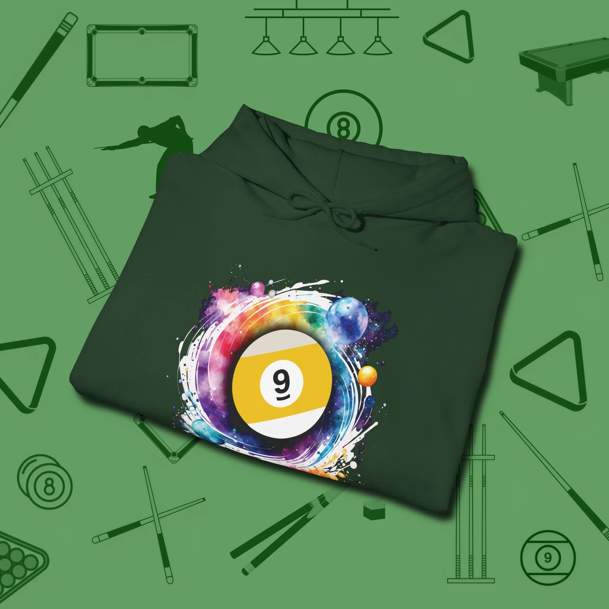Nine Ball Galaxy Hoodie, folded view, in Forest Green for hustlers who keep it honest