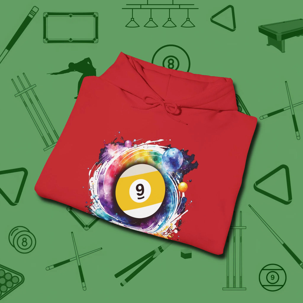 Nine Ball Galaxy Hoodie, folded view, in Red your secret weapon off the table