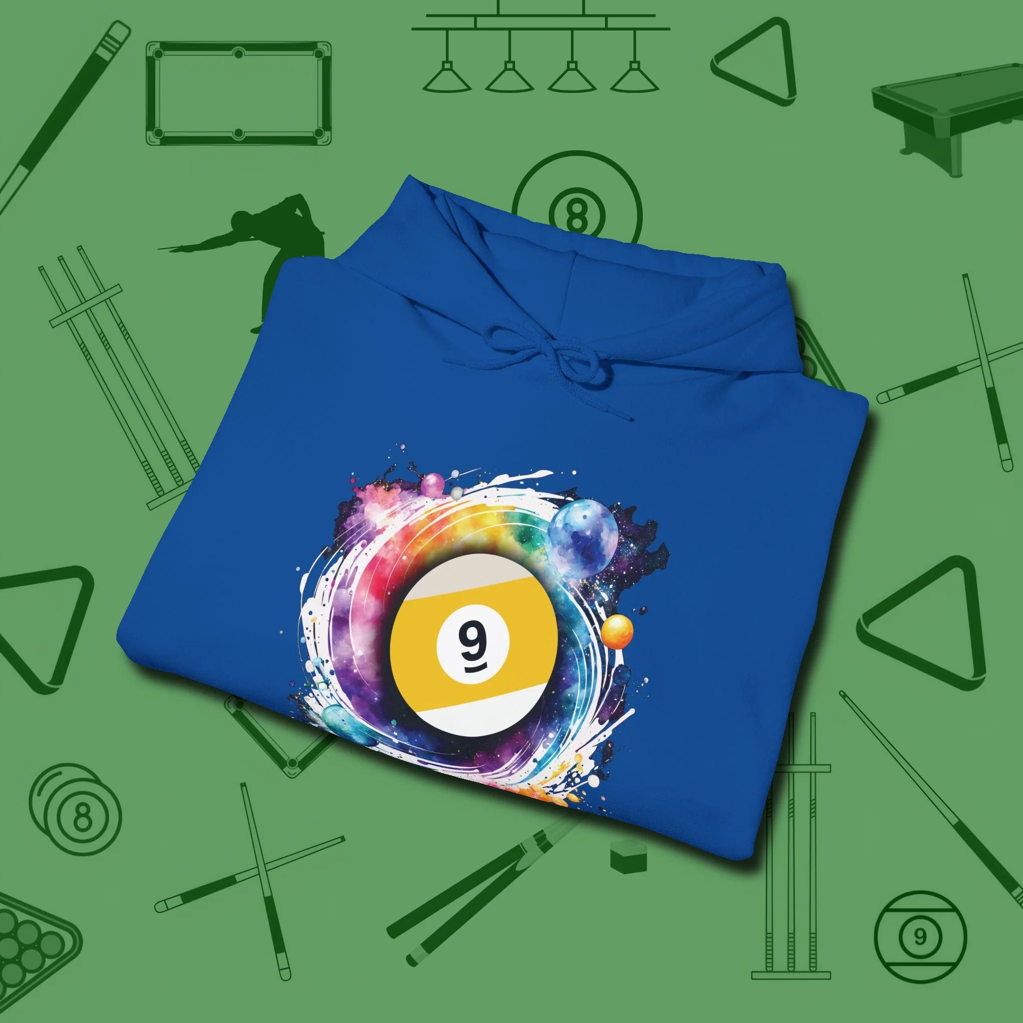 Nine Ball Galaxy Hoodie, folded view, in Royal strike fear with swagger and precision