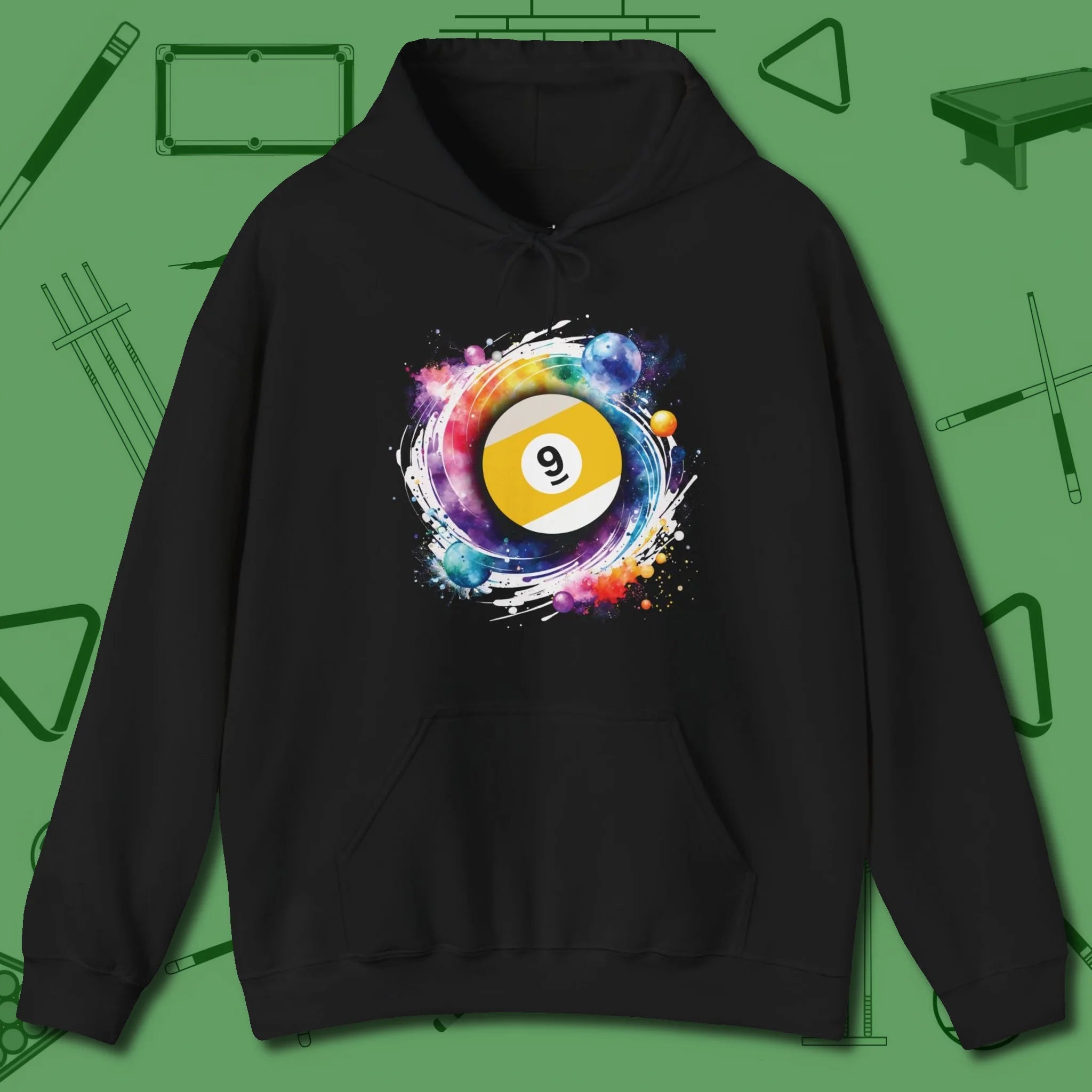 Nine Ball Galaxy Hoodie, front view, in Black like your stroke — smooth and deliberate