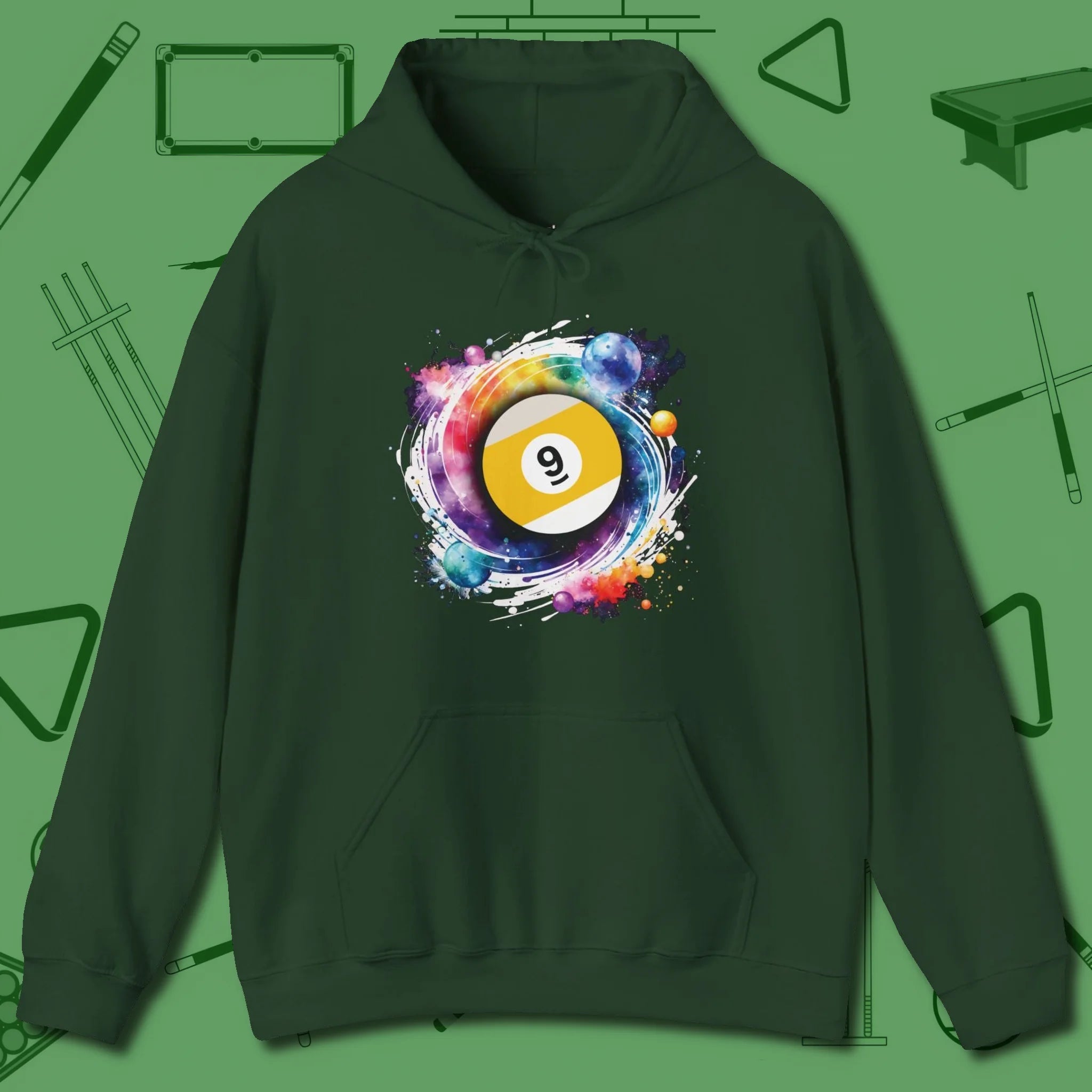 Nine Ball Galaxy Hoodie, front view, in Forest Green make every shot — and outfit — count