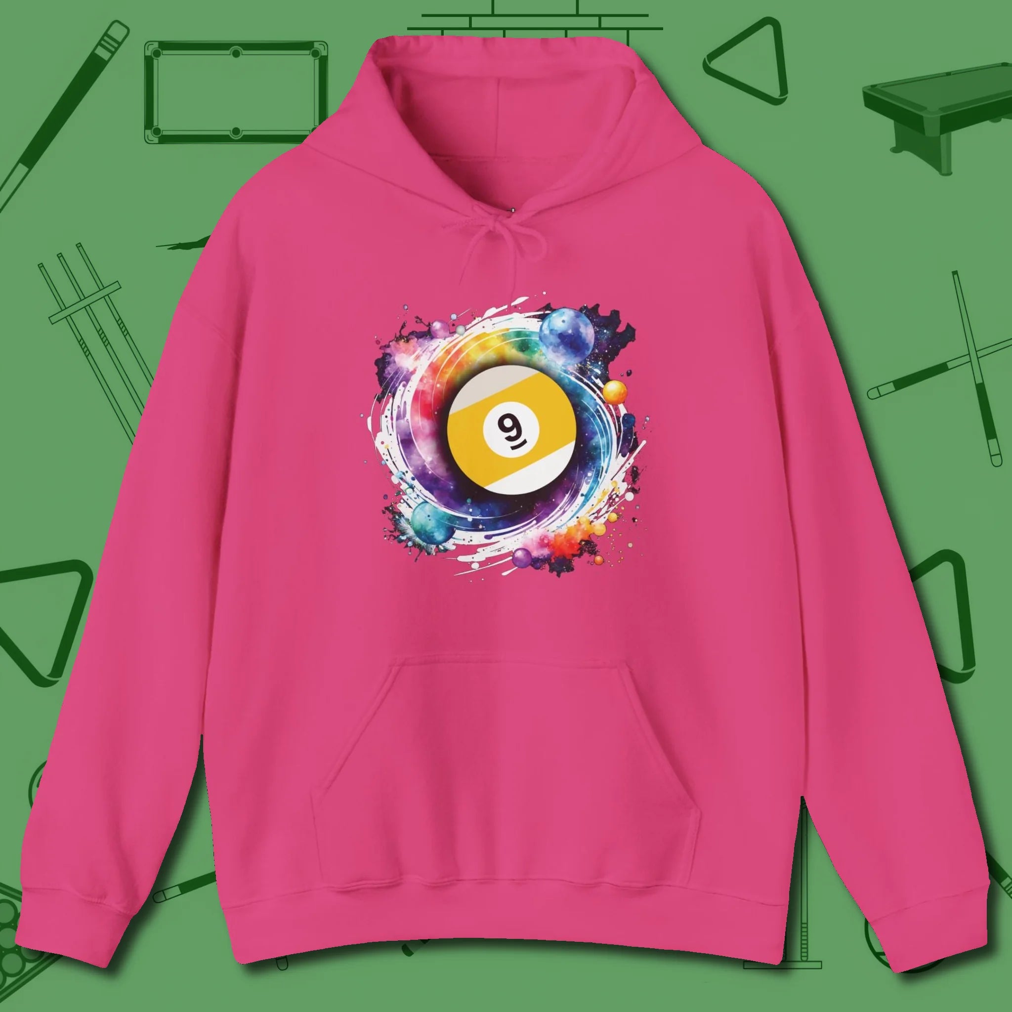 Nine Ball Galaxy Hoodie, front view, in Heliconia smart apparel for strategic players