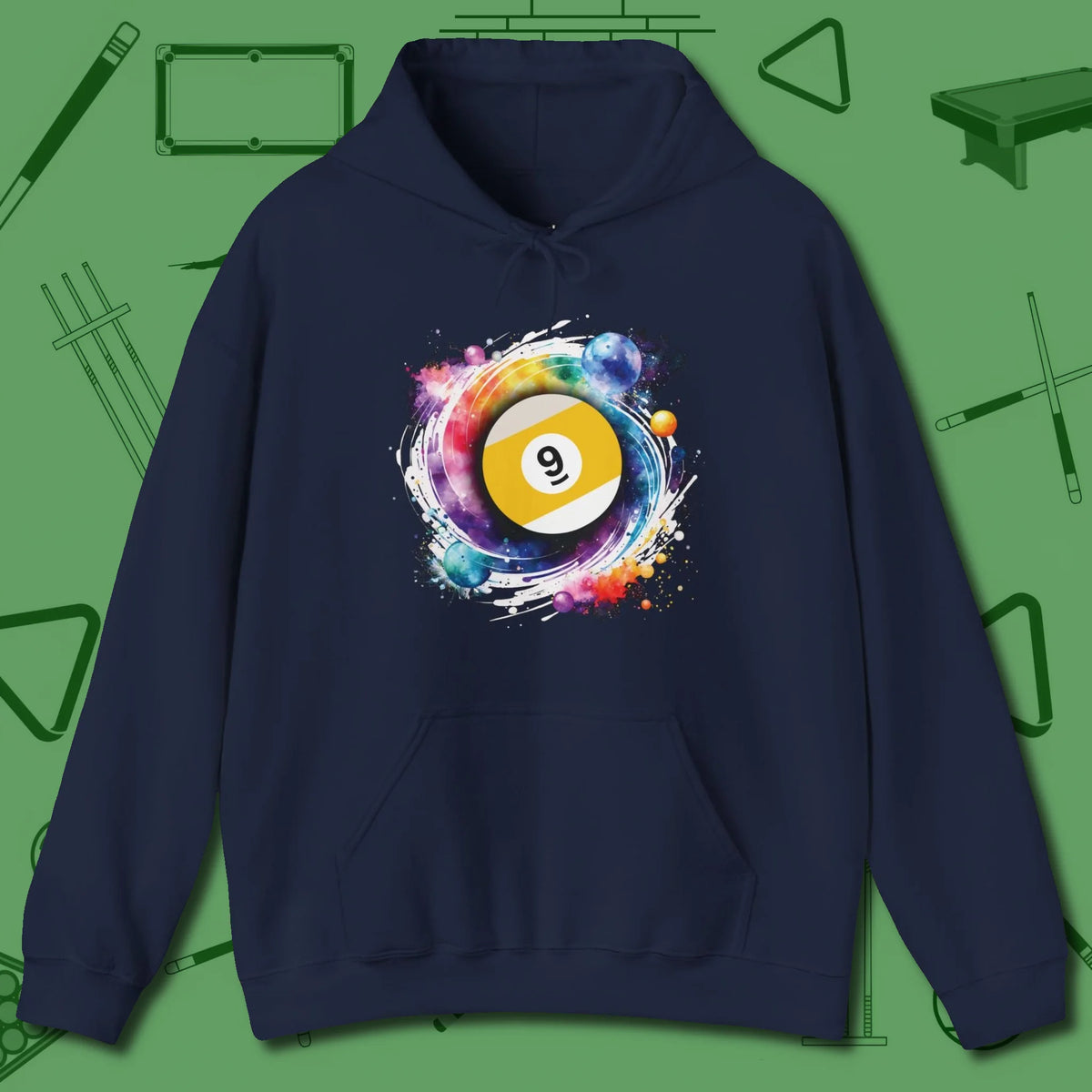 Nine Ball Galaxy Hoodie, front view, in Navy built for bold breaks and quiet confidence