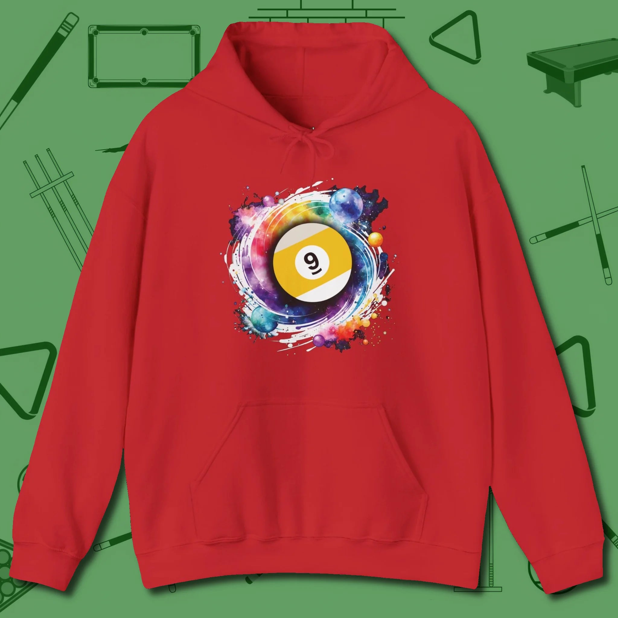 Nine Ball Galaxy Hoodie, front view, in Red for players who live the game