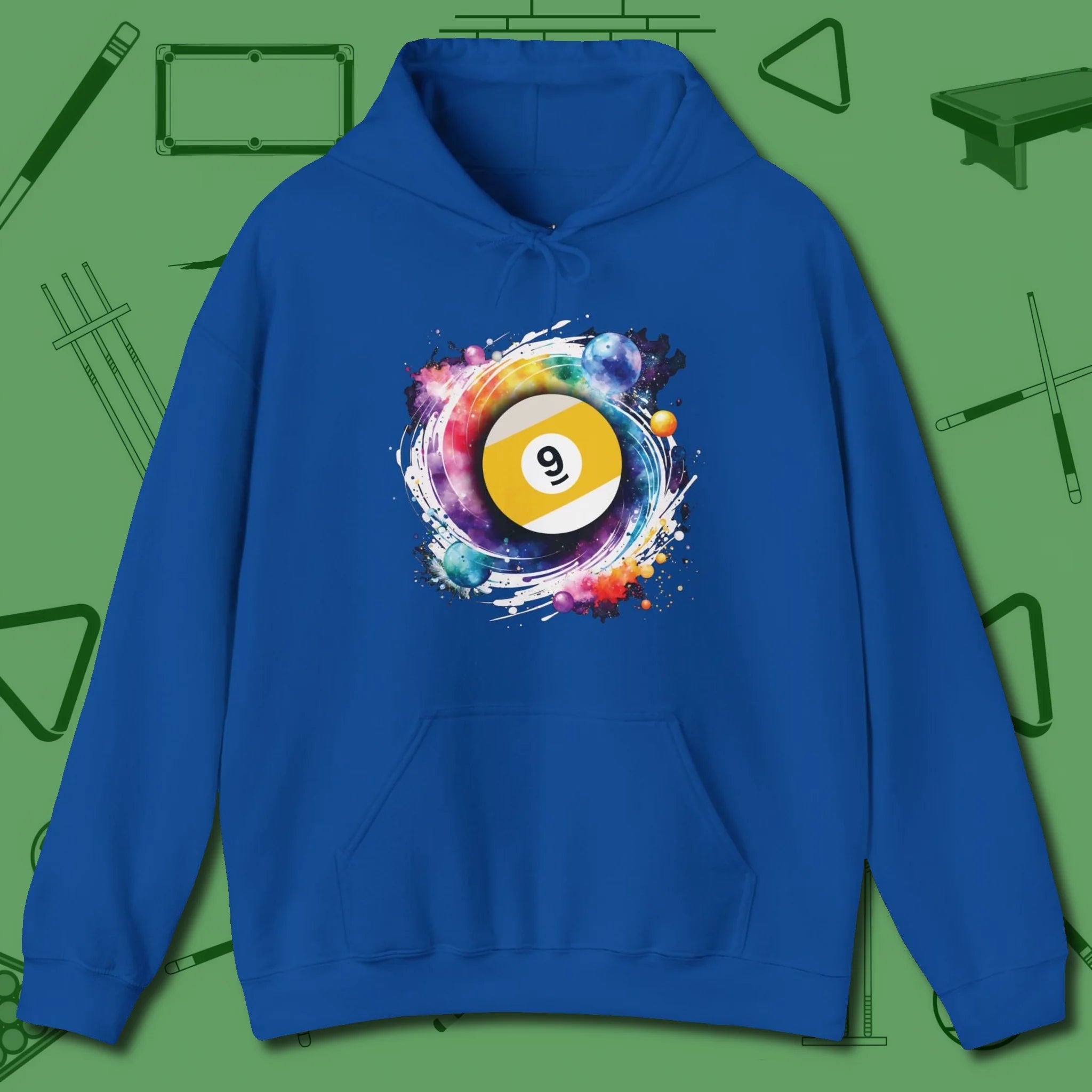 Nine Ball Galaxy Hoodie, front view, in Royal look good while calling your pocket