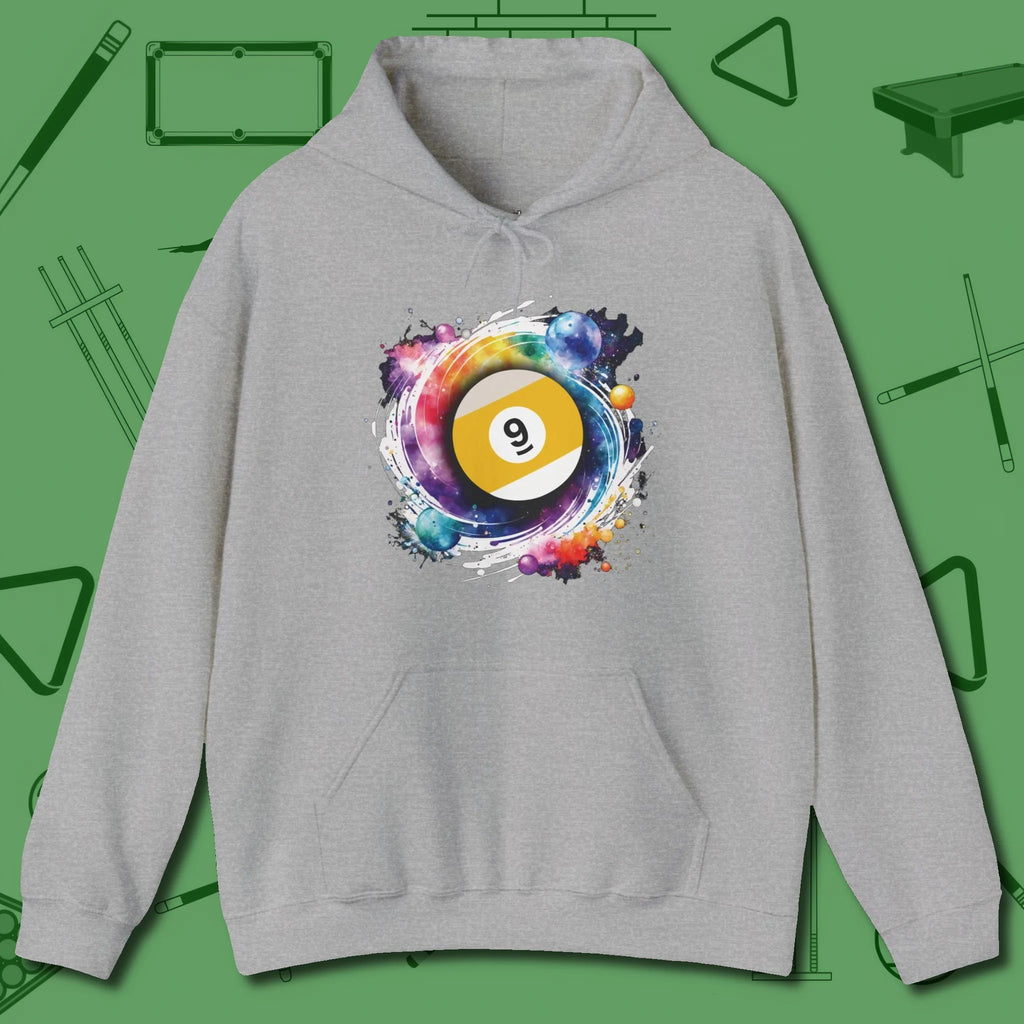 Nine Ball Galaxy Hoodie, front view, in Sport Grey strike fear with swagger and precision