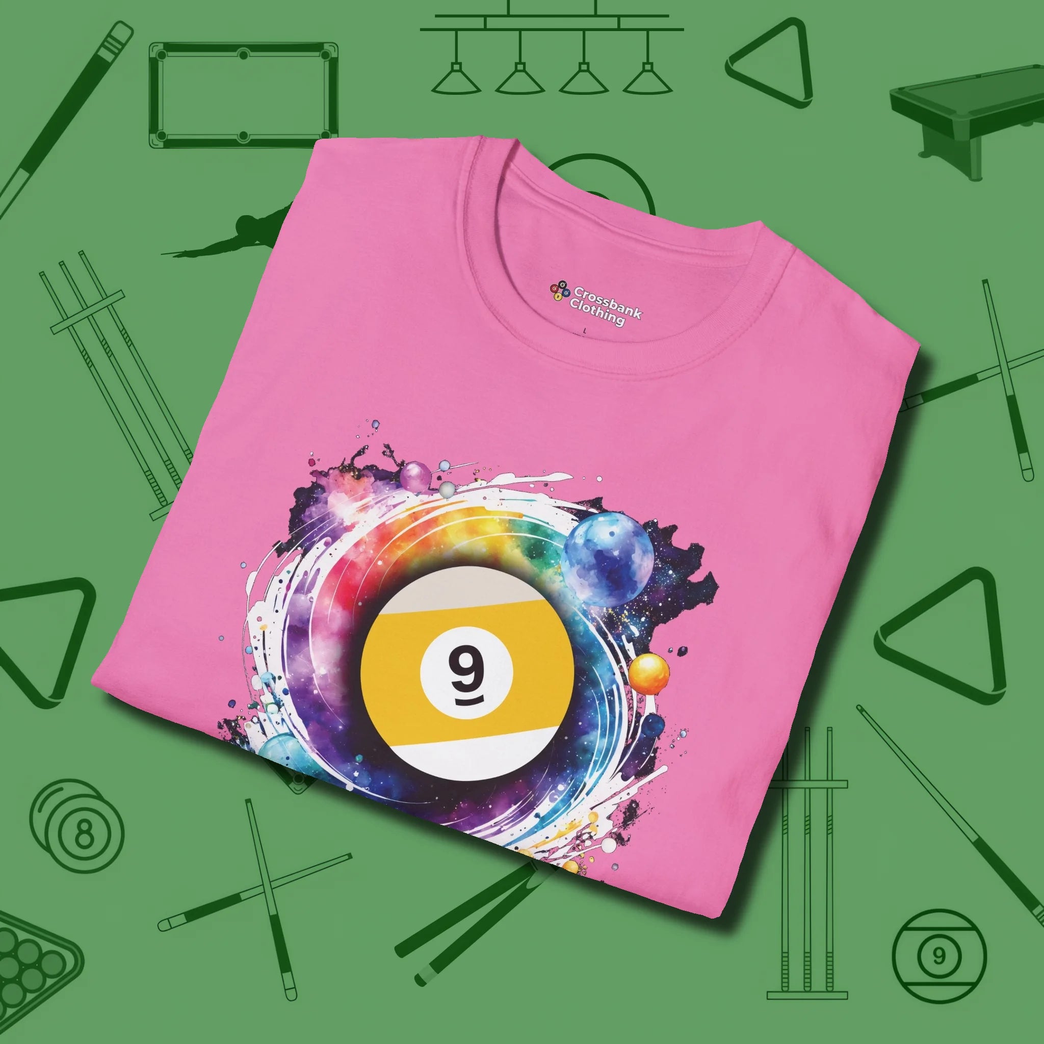 Nine Ball Galaxy T-Shirt, folded view, in Azalea classic cue style, no gimmicks
