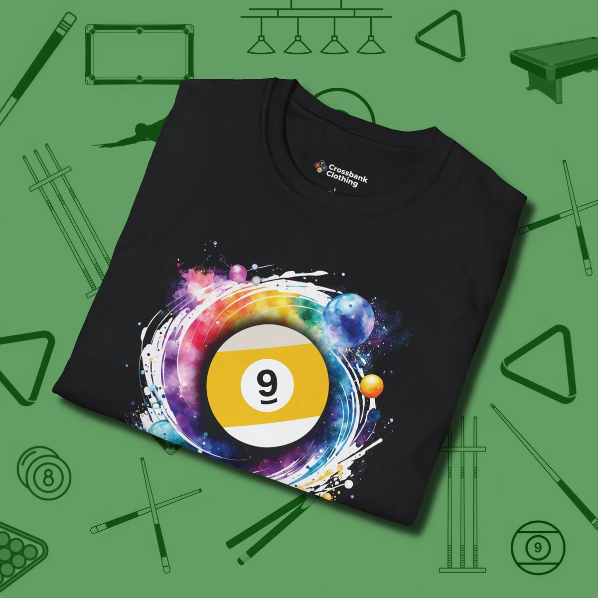 Nine Ball Galaxy T-Shirt, folded view, in Black where cue control meets personal style
