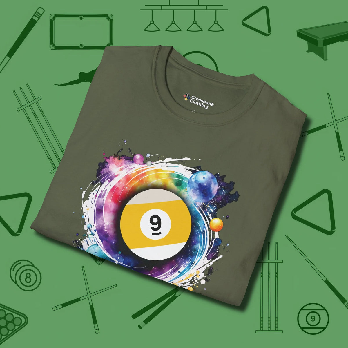 Nine Ball Galaxy T-Shirt, folded view, in Military Green strike fear with swagger and precision