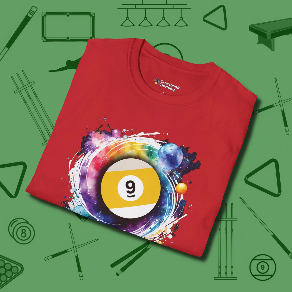 Nine Ball Galaxy T-Shirt, folded view, in Red poolroom style with tournament attitude