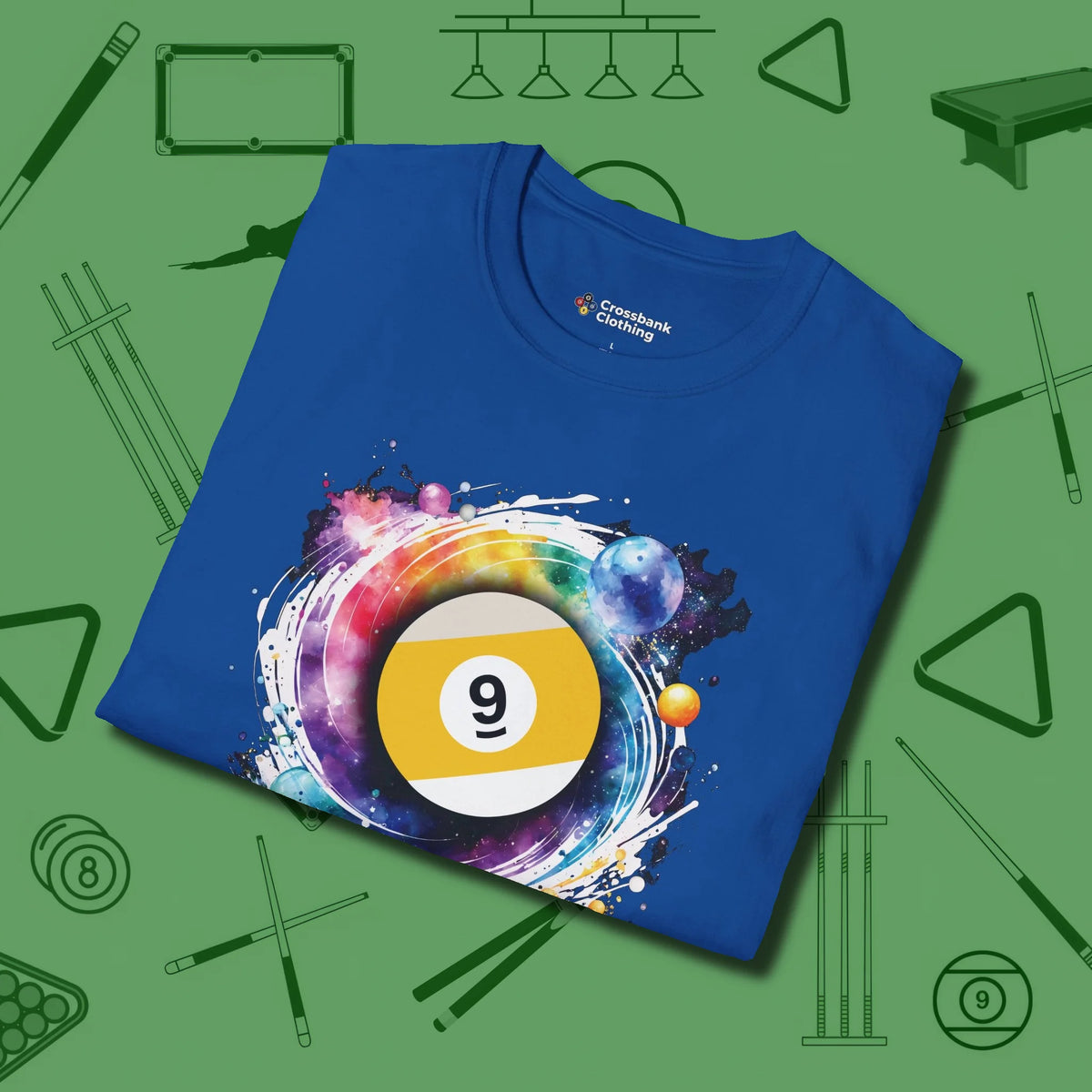 Nine Ball Galaxy T-Shirt, folded view, in Royal where cue control meets personal style