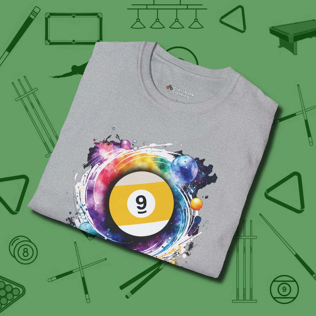 Nine Ball Galaxy T-Shirt, folded view, in Sport Grey fashion with break-and-run energy