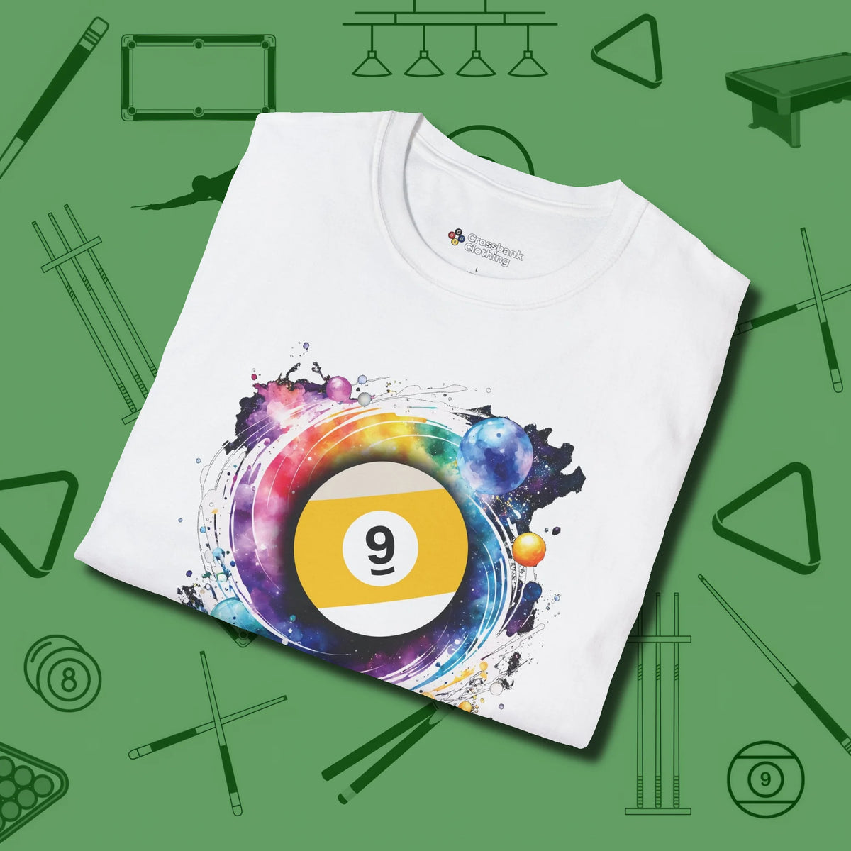 Nine Ball Galaxy T-Shirt, folded view, in White look good while calling your pocket